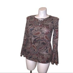 Hannah Paisley Lace Up Blouse Medium Brown Red Long Sleeve Boho Tunic Top